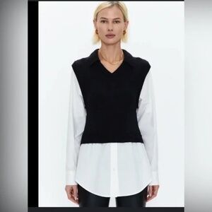PISTOLA Sofia Layered Sweater Vest Shirt in Black & White Poplin, MEDIUM